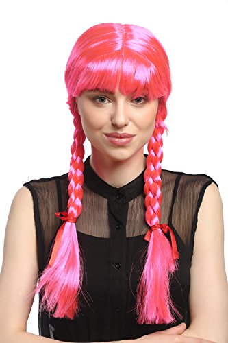 WIG ME UP - XR-008-PC5 Perücke Damen Karnveval Fasching Cosplay Zöpfe geflochten mit Schleifen Pony Schulmädchen Lolita Rosa Pink ca. 60 cm von WIG ME UP
