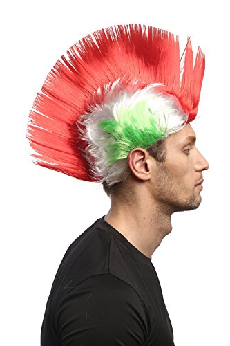 WIG ME UP - XR-012-PC13/P68/PC15 Perücke Fanperücke Fan Karneval Fasching Iro Irokese Mohawk Punk Grün-Weiß-Rot Italien Italia von WIG ME UP