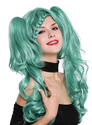 WIG ME UP - ZM-1193-SK12 Perücke Damenperücke Cosplay Lolita kurz geflochten 2 abnehmbare lange Zöpfe grün von WIG ME UP