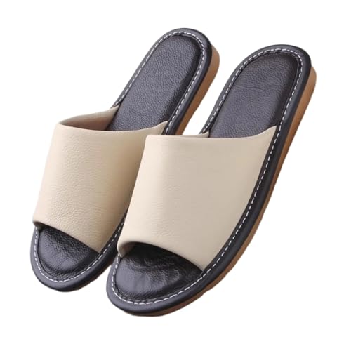 WIGSELBL Sandalen für Damen und Herren, Lederhausschuhe für drinnen und draußen, Unisex, weiche, flache Sandalen, offene Zehenpartie, Sommersandalen, rutschfest, für Zuhause, Schlafzimmer, cremefarben von WIGSELBL