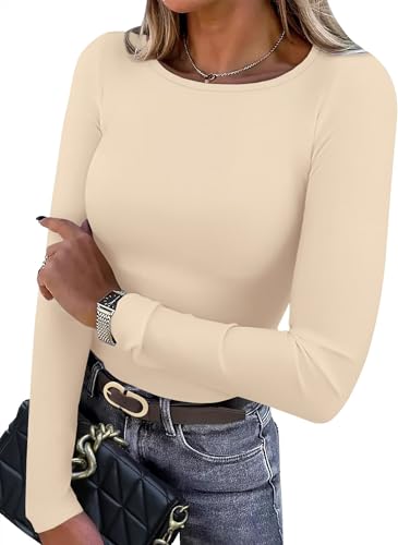 WIHOLL Damen Langarmshirt Leichte Fleece Thermounterwäsche Rundhals Basic T Shirt Herbst Oberteile Damen Slim Fit Thermo Unterhemd Aprikose XL von WIHOLL