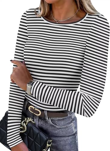 WIHOLL Damen Langarmshirt Leichte Fleece Thermounterwäsche Rundhals Basic T Shirt Herbst Oberteile Damen Slim Fit Thermo Unterhemd Gestreift Schwarz S von WIHOLL