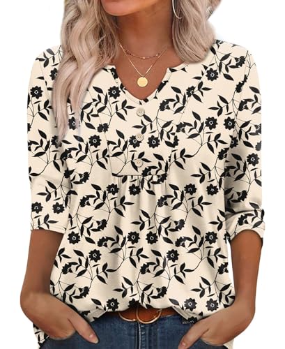 WIHOLL Damen-T-Shirt mit 3/4-Ärmeln, V-Ausschnitt, geschwungener Saum, Beigefarbener Druck, 48-50 WIHOLL Damen-T-Shirt mit 3/4-Ärmeln, V-Ausschnitt, geschwungener Saum, Beigefarbener Druck, 48-50 von WIHOLL