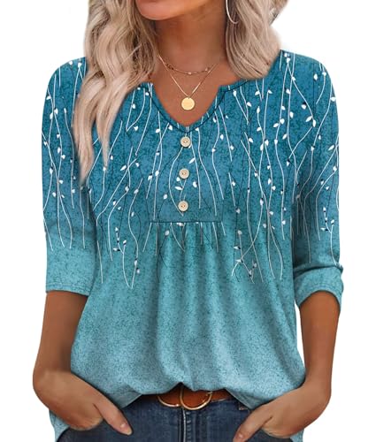 WIHOLL Damen-T-Shirt mit 3/4-Ärmeln, V-Ausschnitt, geschwungener Saum, F-blauer Farbverlauf, 48-50 WIHOLL Damen-T-Shirt mit 3/4-Ärmeln, V-Ausschnitt, geschwungener Saum, F-blauer Farbverlauf, 48-50 von WIHOLL