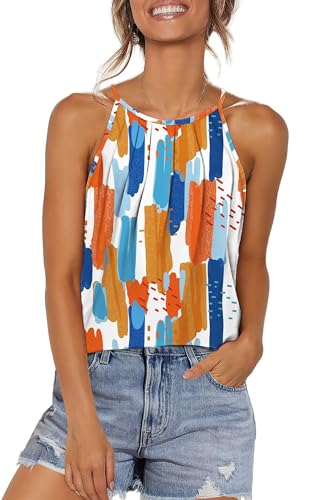 WIHOLL Tank Top Damen Plissiert Neckholder Spaghetti Träger Top Locker T Shirt Sommer Ärmellos Oberteile Bunt L von WIHOLL