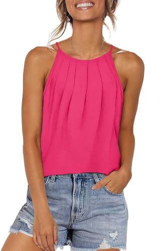 WIHOLL Tank Top Damen Plissiert Neckholder Spaghetti Träger Top Locker T Shirt Sommer Ärmellos Oberteile Heißes Rosa S von WIHOLL