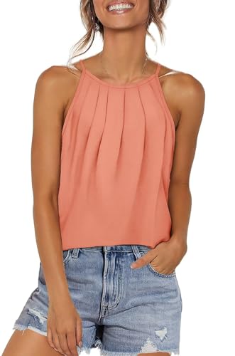 WIHOLL Tank Top Damen Plissiert Neckholder Spaghetti Träger Top Locker T Shirt Sommer Ärmellos Oberteile Korallenrosa S von WIHOLL
