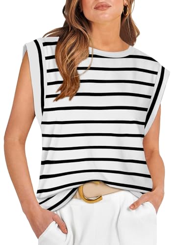 WIHOLL Damen Tops Tshirt Tank Weste Oberteile Bluse Tunika Sommer Locker ärmellos Kurzarm Basic Rundhals Schwarz Gestreift 2XL von WIHOLL