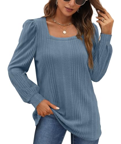 WIHOLL Pullover Damen Puffärmel Strickpullover Quadratischer Hals Langarmshirt Top Herbst Winter Tunika Lässiger Oberteile Elegant Blau XL von WIHOLL