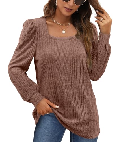 WIHOLL Pullover Damen Puffärmel Strickpullover Quadratischer Hals Langarmshirt Top Herbst Winter Tunika Lässiger Oberteile Elegant Braun XL von WIHOLL