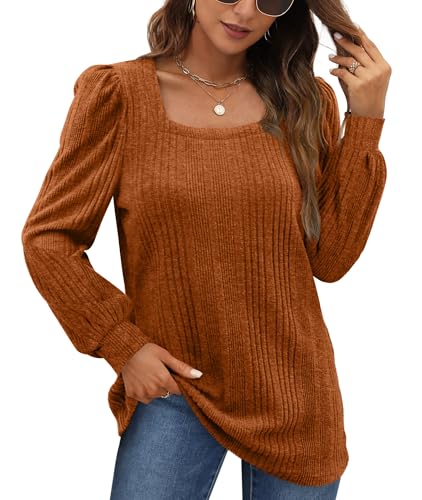 WIHOLL Pullover Damen Puffärmel Strickpullover Quadratischer Hals Langarmshirt Top Herbst Winter Tunika Lässiger Oberteile Elegant Karamell 2XL von WIHOLL