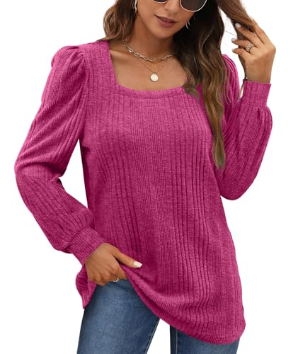 WIHOLL Pullover Damen Puffärmel Strickpullover Quadratischer Hals Langarmshirt Top Herbst Winter Tunika Lässiger Oberteile Elegant Rose 3XL von WIHOLL