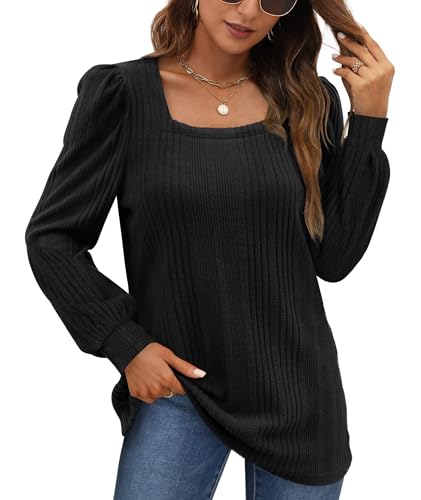 WIHOLL Pullover Damen Puffärmel Strickpullover Quadratischer Hals Langarmshirt Top Herbst Winter Tunika Lässiger Oberteile Elegant Schwarz 2XL von WIHOLL