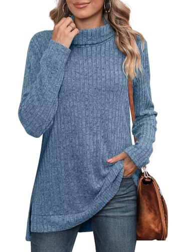 WIHOLL Pullover Damen Sweater Rollkragenpullover Sweatshirt Langarm Strickpullover Herbst Pulli Oberteile Blau XL von WIHOLL