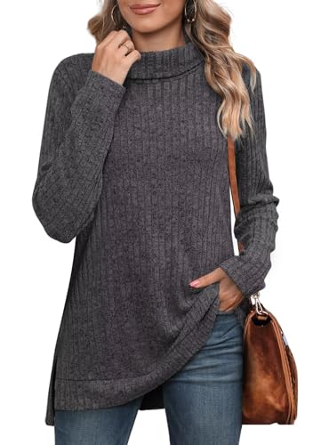 WIHOLL Pullover Damen Sweater Rollkragenpullover Sweatshirt Langarm Strickpullover Herbst Pulli Oberteile Holzkohle Grau 2XL von WIHOLL