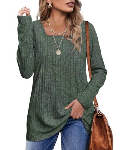WIHOLL Pullover Damen Tshirt Quadratischer Ausschnitt Langarmshirt Locker Elegant Pulli Strickpullover Grün S von WIHOLL