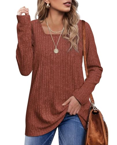 WIHOLL Pullover Damen Tshirt Quadratischer Ausschnitt Langarmshirt Locker Elegant Pulli Strickpullover Karamell-Orange S von WIHOLL