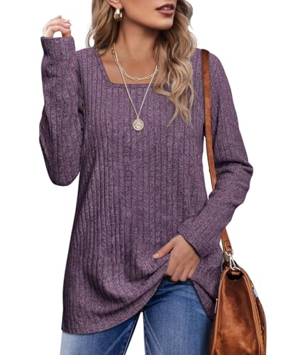WIHOLL Pullover Damen Tshirt Quadratischer Ausschnitt Langarmshirt Locker Elegant Pulli Strickpullover Violett L von WIHOLL