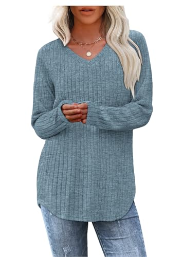WIHOLL Pullover Damen Tunika Oberteile Top V-Ausschnitt Langarmshirt Weich Herbst Winter Casual Curved Saum Leichte Longshirt Damen Blau 2XL von WIHOLL