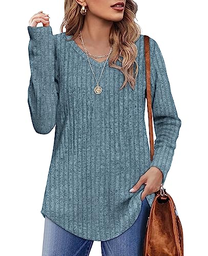 WIHOLL Pullover Damen Tunika Oberteile Top V-Ausschnitt Langarmshirt Weich Herbst Winter Casual Curved Saum Leichte Longshirt Damen Blau M von WIHOLL