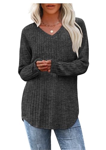 WIHOLL Pullover Damen Tunika Oberteile Top V-Ausschnitt Langarmshirt Weich Herbst Winter Casual Curved Saum Leichte Longshirt Damen Grau L von WIHOLL
