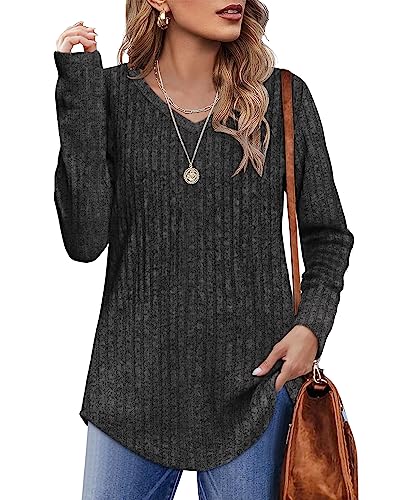WIHOLL Pullover Damen Tunika Oberteile Top V-Ausschnitt Langarmshirt Weich Herbst Winter Casual Curved Saum Leichte Longshirt Damen Grau XL von WIHOLL