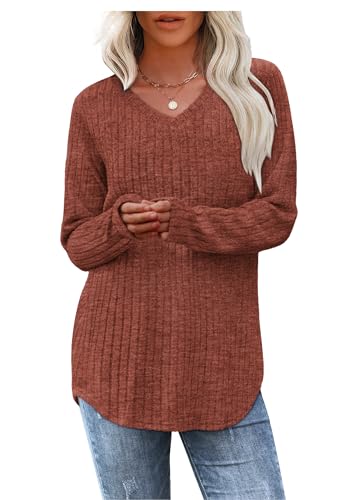 WIHOLL Pullover Damen Tunika Oberteile Top V-Ausschnitt Langarmshirt Weich Herbst Winter Casual Curved Saum Leichte Longshirt Damen Orange 2XL von WIHOLL