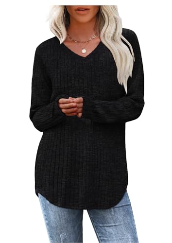 WIHOLL Pullover Damen Tunika Oberteile Top V-Ausschnitt Langarmshirt Weich Herbst Winter Casual Curved Saum Leichte Longshirt Damen Schwarz 2XL von WIHOLL