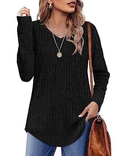 WIHOLL Pullover Damen Tunika Oberteile Top V-Ausschnitt Langarmshirt Weich Herbst Winter Casual Curved Saum Leichte Longshirt Damen Schwarz XL von WIHOLL