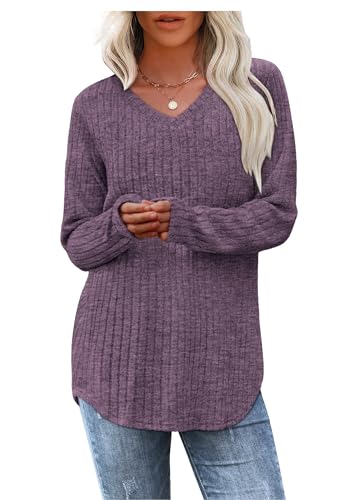 WIHOLL Pullover Damen Tunika Oberteile Top V-Ausschnitt Langarmshirt Weich Herbst Winter Casual Curved Saum Leichte Longshirt Damen Violett M von WIHOLL