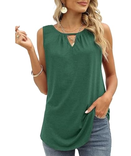 WIHOLL Tank Top Damen Ärmellose Top Damen Rundhals Ausschnitt Schlüsselloch V Ausschnitt Oberteile Damen Elegant Bluse Damen Tunika Frühling Sommer 2024 Grün 2XL von WIHOLL