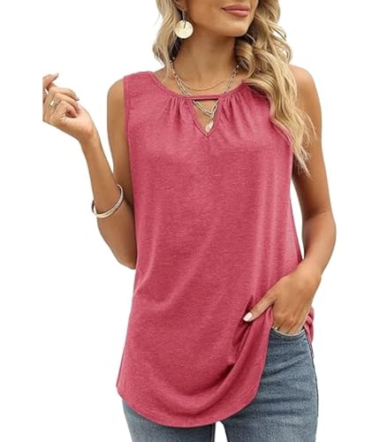 WIHOLL Tank Top Damen Ärmellose Top Damen Rundhals Ausschnitt Schlüsselloch V Ausschnitt Oberteile Damen Elegant Bluse Damen Tunika Frühling Sommer 2024 Rosa L von WIHOLL