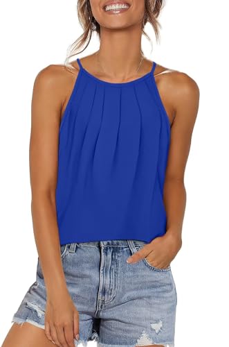 WIHOLL Tank Top Damen Plissiert Neckholder Spaghetti Träger Top Locker T Shirt Sommer Ärmellos Oberteile Marineblau XL von WIHOLL