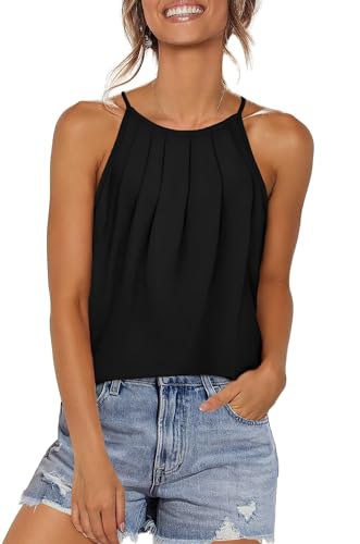 WIHOLL Tank Top Damen Plissiert Neckholder Spaghetti Träger Top Locker T Shirt Sommer Ärmellos Oberteile Schwarz M von WIHOLL