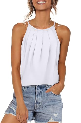 WIHOLL Tank Top Damen Plissiert Neckholder Spaghetti Träger Top Locker T Shirt Sommer Ärmellos Oberteile Weiß XL von WIHOLL