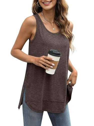WIHOLL Tank Top Damen Sommer Gebogener Saum Seitliche Teilung Top für Damen Ärmellos Lässige locker Oberteile Oversize T Shirt Braun M von WIHOLL