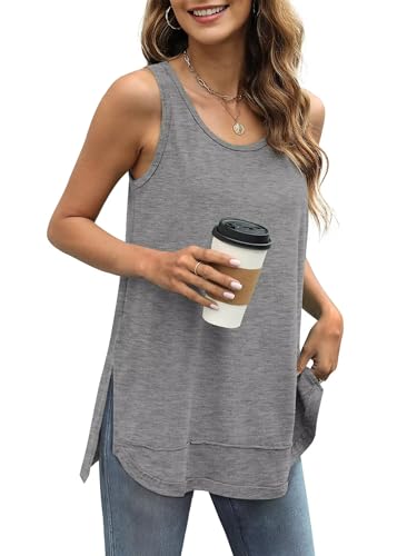 WIHOLL Tank Top Damen Sommer Gebogener Saum Seitliche Teilung Top für Damen Ärmellos Lässige locker Oberteile Oversize T Shirt Grau M von WIHOLL