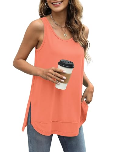 WIHOLL Tank Top Damen Sommer Gebogener Saum Seitliche Teilung Top für Damen Ärmellos Lässige locker Oberteile Oversize T Shirt Korallenrosa M von WIHOLL