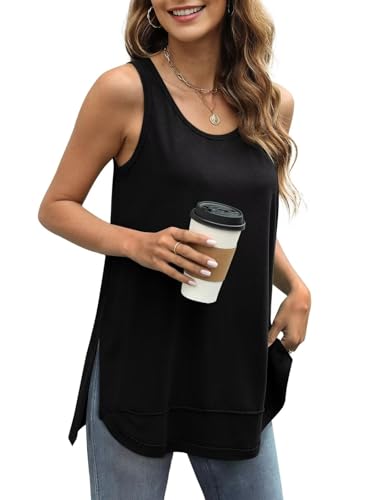 WIHOLL Tank Top Damen Sommer Gebogener Saum Seitliche Teilung Top für Damen Ärmellos Lässige locker Oberteile Oversize T Shirt Schwarz L von WIHOLL