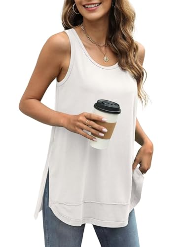 WIHOLL Tank Top Damen Sommer Gebogener Saum Seitliche Teilung Top für Damen Ärmellos Lässige locker Oberteile Oversize T Shirt Weiß L von WIHOLL