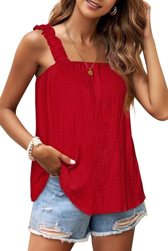 WIHOLL Tank Top Damen Sommer 2024 Tshirt ärmellos Oberteile Tops Shirts Blusen Tuniken Weste Quadratischer Ausschnitt Rot M von WIHOLL