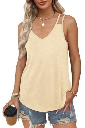 WIHOLL Tank Top Damen Spaghettiträger Top Damen V Ausschnitt Ärmellose Oberteile Damen Elegant Bluse Damen Tunika Frühling Sommer Beige M von WIHOLL