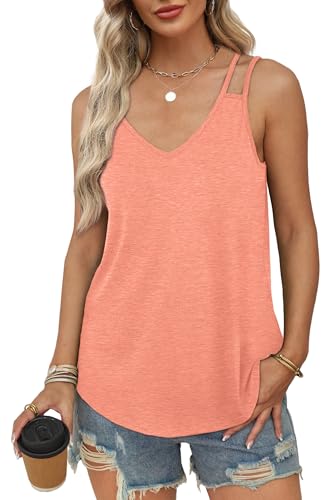 WIHOLL Tank Top Damen Spaghettiträger Top Damen V Ausschnitt Ärmellose Oberteile Damen Elegant Bluse Damen Tunika Frühling Sommer Koralle M von WIHOLL