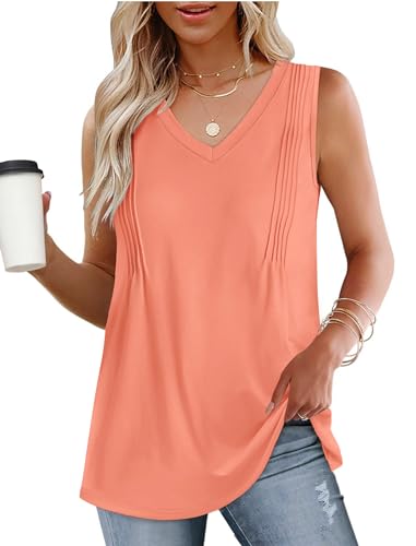 WIHOLL Tank Top Damen V-Ausschnitt Oberteile Ärmellose Top Damen Elegant Tunika Shirt Damen Passform Longshirt Koralle S WIHOLL Tank Top Damen V-Ausschnitt Oberteile Ärmellose Top Damen Elegant Tunika Shirt Damen Passform Longshirt Koralle S von WIHOLL