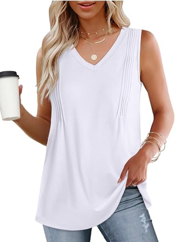 WIHOLL Tank Top Damen V-Ausschnitt Oberteile Ärmellose Elegant Tunika Shirt Weiß L von WIHOLL