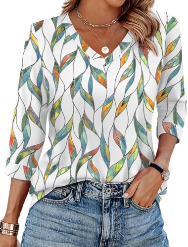 WIHOLL Tops für Damen, 3/4-Ärmel, V-Ausschnitt, lässige Tunika, Damen-Tops, Basic-Shirts, lockere Passform, Buntes Blatt, XL WIHOLL Tops für Damen, 3/4-Ärmel, V-Ausschnitt, lässige Tunika, Damen-Tops, Basic-Shirts, lockere Passform, Buntes Blatt, XL von WIHOLL