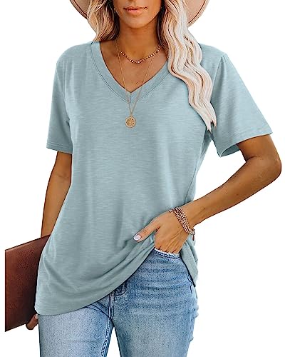 WIHOLL Tshirt Damen Kurzarm T Shirt V Ausschnitt Top Oversize Oberteile Elegant 2025 Blau S von WIHOLL