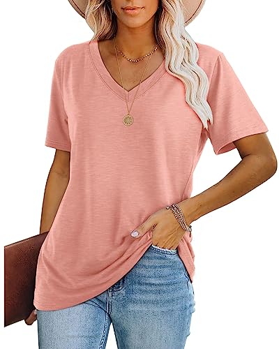 WIHOLL Tshirt Damen Kurzarm T Shirt V Ausschnitt Tops Oversize Oberteile Elegant 2024 Rosa XXL von WIHOLL