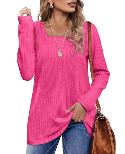 WIHOLL Pullover Damen Tshirt Quadratischer Ausschnitt Langarmshirt Locker Elegant Pulli Strickpullover Rosa 2XL von WIHOLL