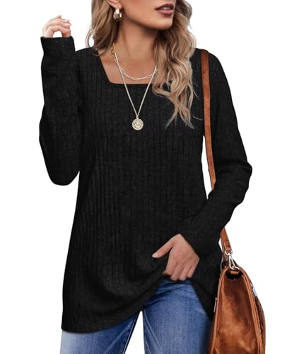 WIHOLL Pullover Damen Tshirt Quadratischer Ausschnitt Langarmshirt Locker Elegant Pulli Strickpullover Schwarz XL von WIHOLL